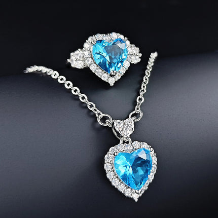 Europe and the United States cross-border foreign trade new trend blue zircon ocean heart pendant ring earrings suit female j7531