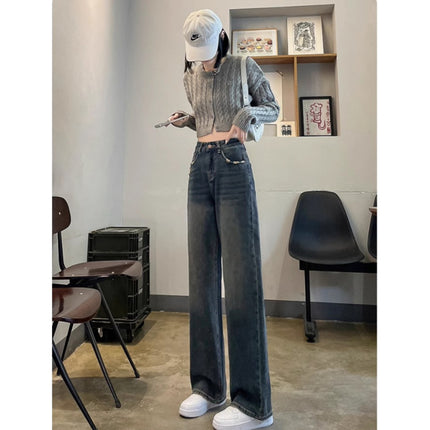 Vintage Slim Look Wide Leg Jeans Women's Fashionable All-match Korean Style High Waist Design Sense Casual Narrow Straight Long Pants