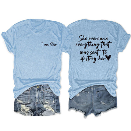Amazon double-sided printed summer round neck short sleeve she overcame everthing loose all-match T-shirt