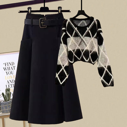 Light luxury women's clothing suit 2024 autumn and winter new design sense rhombus sweater light mature skirt two-piece set