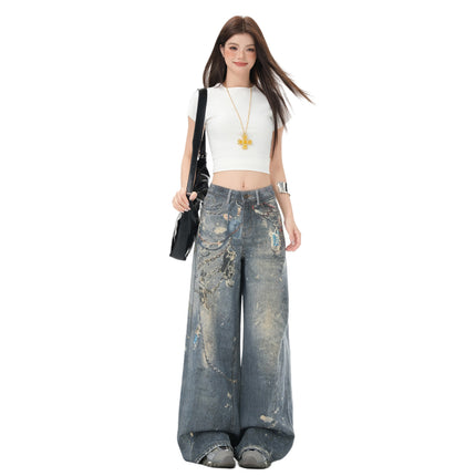 American High Street Wide-Leg Jeans for Women 2025 Summer New Design High-Waisted Loose Slimming Floor-Length Pants