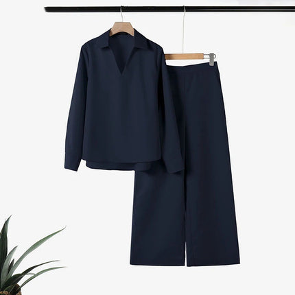 Women's Retro Matching Set 2025 Spring Ol Style Design Long Sleeve Shirt Solid Color Pants 2 Piece Set