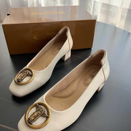Shallow Mid-Heel Square-Heeled Shoes, Goatskin Sweet Buckle Flats, Pure Original Italian Memory Foundation, Good-Feeling Women's Shoes, Comfortable