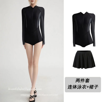 New Long-sleeved Swimsuit Women's Hot Spring Gathering Conservative Bikini Belly-covering Slim Surfing Swimsuit Ins Style