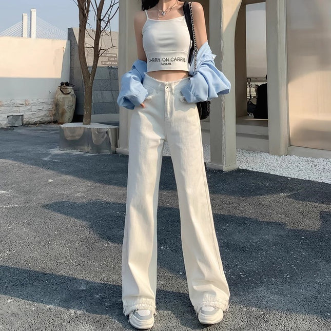 plus size White Straight Leg Jeans Women's Fashion All-match New High Waist Loose Slimming Wide Leg Long Pants