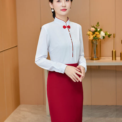 White Shirt Women's Vertical Collar Slim-fit Slimming Top with Buckle Korean Style Elegant Hotel Front Desk Attendant Professional Shirt
