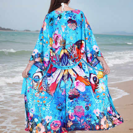 2025 New Rayon Bee Print Beach Cover-Up Seaside Vacation Cardigan Bikini Sun Protection Outer Wear Cross-Border