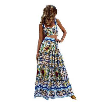 2025 Cross-Border Spring and Summer New European and American Women's Clothing Sexy Elegant Suspender Printed Dress Suit Beach Skirt Two-Piece