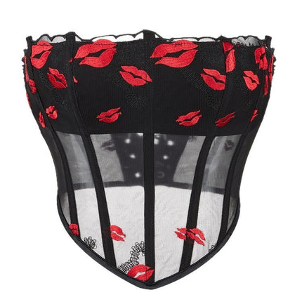 New Mesh Red Lip Print Pattern Women's Tube Top Breathable Palace Top Aliexpress Cross-Border Supply