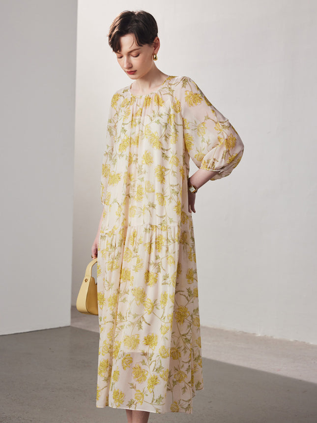 Short-Sleeved Silk Dress for Women 2026 Spring and Summer New Two-Piece Set Slightly See-Through Printed Georgette 100% Mulberry Silk Long Dress