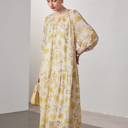 Short-Sleeved Silk Dress for Women 2026 Spring and Summer New Two-Piece Set Slightly See-Through Printed Georgette 100% Mulberry Silk Long Dress