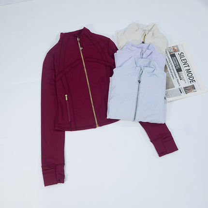 Spring and Summer Yoga Wear Stand Collar Jacket Short Silver Zipper Cardigan Jacket Slim Fit Elastic Slimming Yoga Wear Running