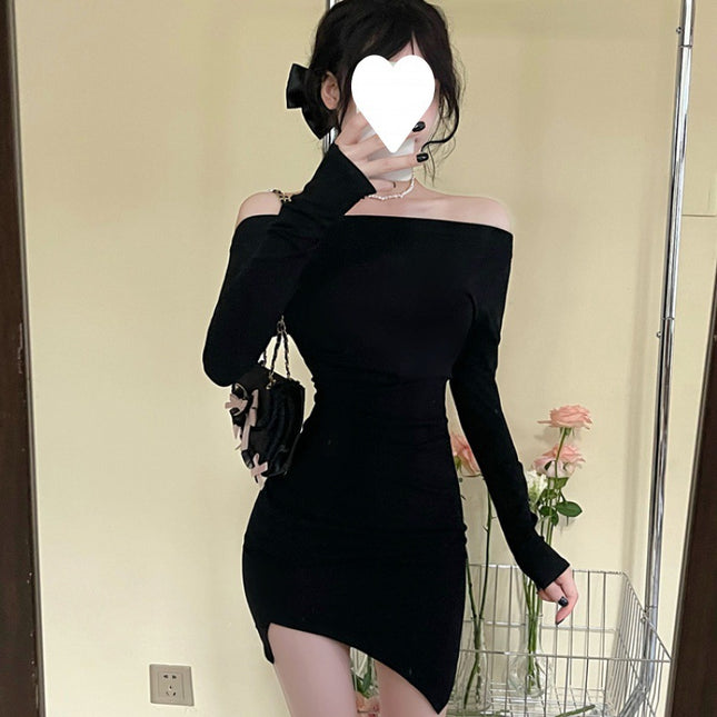 Off-Shoulder dress Women's Long-Sleeved Cold Style High-End Hot Girl Sexy Off-Shoulder Tight Waist Tight Base Hip Skirt