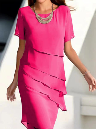 European and American Cross-Border Amazon Wish Export Women's Pure Color Short-Sleeved Glitter Ruffled Round Collar Casual Dress