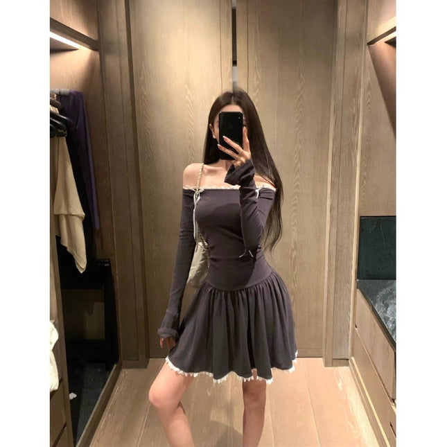 Ballet Style Sexy One-Shoulder Dress for Women Autum Bow Waist A-Line Skirt Elegant Short Skirt