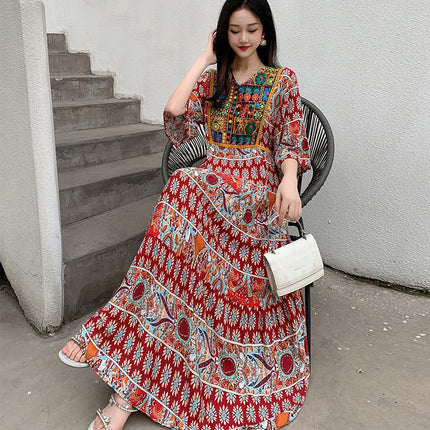 Amazon Cotton Silk Beach Dress Ethnic Style Large Swing Dress V-Neck Mid-Sleeve Dress Embroidered Vintage Floral Long Dress