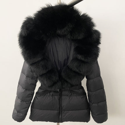 25 New Foreign Trade Hot Style Short Women's Real Fox Fur Collar down Jacket Thickened Slim Waist Fur down Jacket