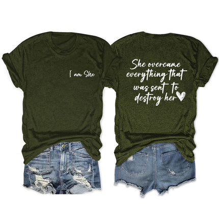 Amazon double-sided printed summer round neck short sleeve she overcame everthing loose all-match T-shirt