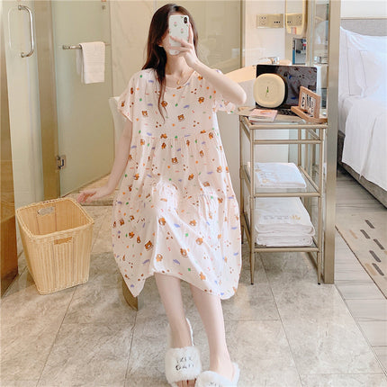 Cotton Silk Nightgown for Women, Summer Thin Short-Sleeved Printed Large Size Nightgown, Pregnant Women Can Wear It Outside, Cool Rayon Home Clothes