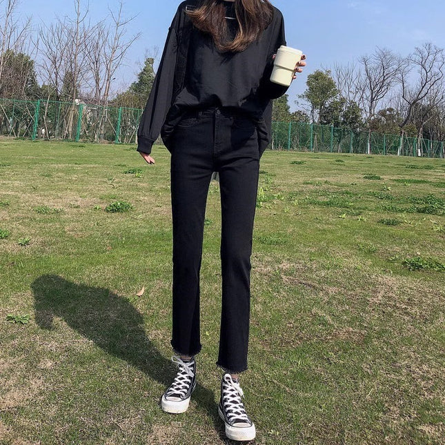 Black Straight Leg Jeans Women's Fashionable All-match New High Waist Slimming Small Eight or Nine French Stick Pipe Trousers