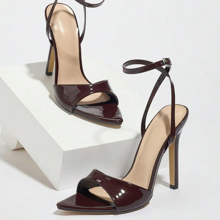 Factory Wholesale Cross-Border European and American Women's Patent Leather Pointed Toe Stiletto Sandals Coffee Brown High Heels