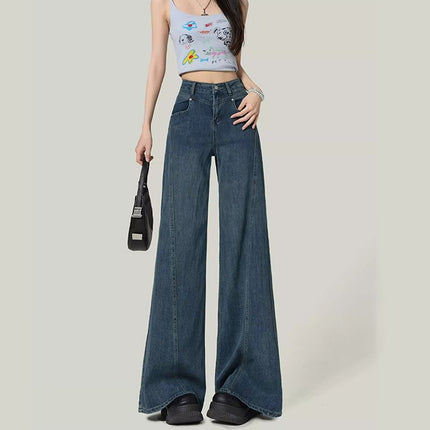 Vintage Blue Wide-Leg Jeans for Women, Autumn 2025 New Design, Slimming Straight-Leg Floor-Length Pants