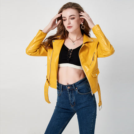 Cross-Border 2026 New European and American Style Motorcycle Diagonal Leather Jacket, Spring and Autumn Women's Short Slim-Fit Leather Coat