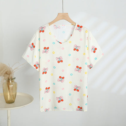 Retro Style Cotton Short-sleeved Women's Middle-aged and Elderly Mother's Vest Printed Outer Wear Base-layer Shirt All-match Artificial Cotton Top
