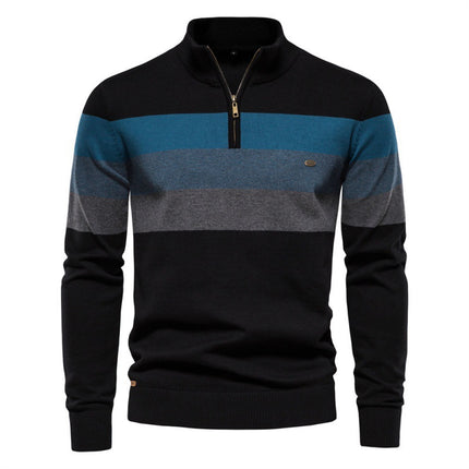 Autumn and Winter Fashion Semi-Cross-Border Striped Knitwear Men's Spliced Pullover Zipper Men's Knitwear Khaki Green