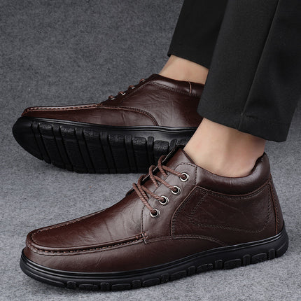 Autumn Front Lace-up Sleeve Casual Leather Shoes Men's Low-top Korean-style Black Round Toe Flat Heel Solid Color Top Layer Cowhide Tooling