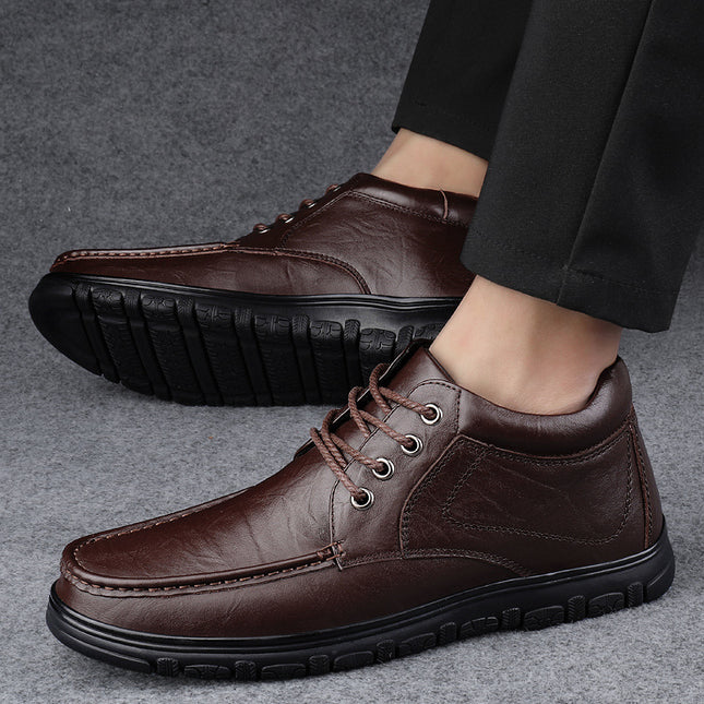 Autumn Front Lace-up Sleeve Casual Leather Shoes Men's Low-top Korean-style Black Round Toe Flat Heel Solid Color Top Layer Cowhide Tooling