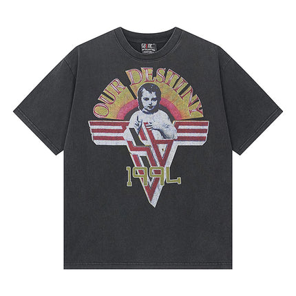Saint Michael Cho Big Face European and American Retro Washed and Distressed Commemorative Portrait Short-Sleeved T-Shirt Trendy