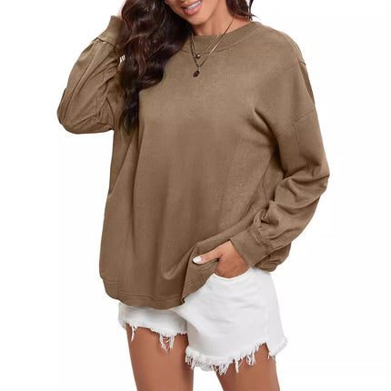 Trendy European and American Style Women's Sweatshirt, Brushed Autumn New Long-Sleeve Simple Ribbed Cuffs Loose Solid Color Women's Top