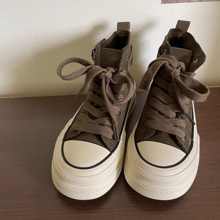 Nubuck Leather High-Top Canvas Shoes for Women 2025 Autumn and Winter Versatile New Products Casual Fashion Thick-Soled Height-Increasing Sneakers