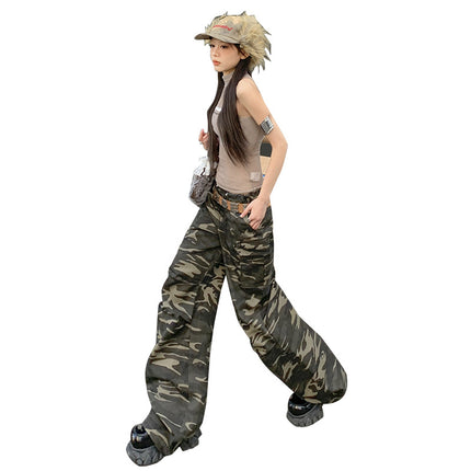 American Retro Camouflage Claw Pants Women's 2025 Spring New High Waist Drawstring Design Straight Dipping Casual Pants