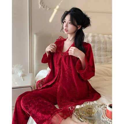 [Bric velvet] three-piece autumn and winter new lace court style pajamas suspenders long sleeve sweet home clothes velvet