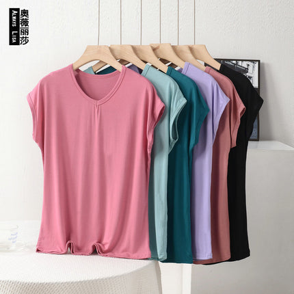Cross-border New plus size Plus Fat V-neck Small Sleeve Summer Modal Elastic Base Shirt Loose Casual Simple T-shirt