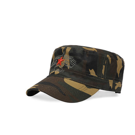 Men's Camouflage Cap with Embroidered Five-Pointed Star, Large Head Circumference, Deep Crown, Outdoor Hiking Travel Breathable Flat Cap