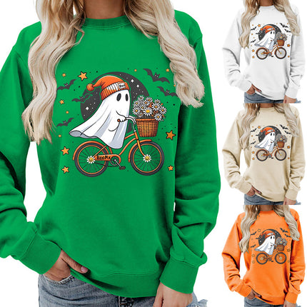 Amazon Source Ghost Riding a Bicycle Halloween Print Round Neck Women's Sweatshirt Casual Loose Fit
