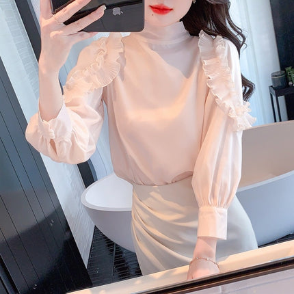 Early Spring 2025 New French Style Cold Design Sense Niche Wear Solid Color Collar Lace Chiffon Shirt