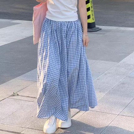 Summer New College Style Clear Blue Plaid Skirt for Women, Loose, Slim and Versatile Casual Skirt for Women