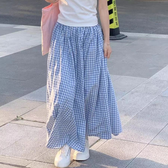Summer New College Style Clear Blue Plaid Skirt for Women, Loose, Slim and Versatile Casual Skirt for Women
