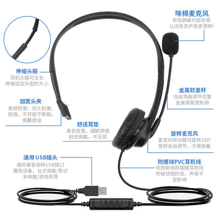 USB Headset Wired Headset Student Tablet Operator Earphone with Mai Single Ear Convertible Silk Screen LOGO