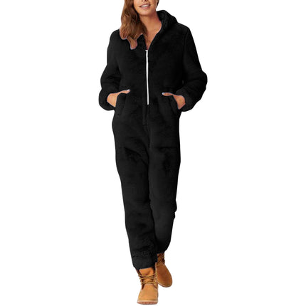 2022 Cross-border Europe and America Amazon Solid Color Thickened Double-sided Fleece Hooded Jumpsuit Casual Couple Home Wear