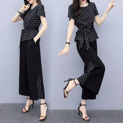 One-piece/Set Large Size Stylized Age-reducing Belly-covering Top Women's Polka Dot Short-sleeved Korean Style Wide-leg Pants Two-piece Set Fashionable
