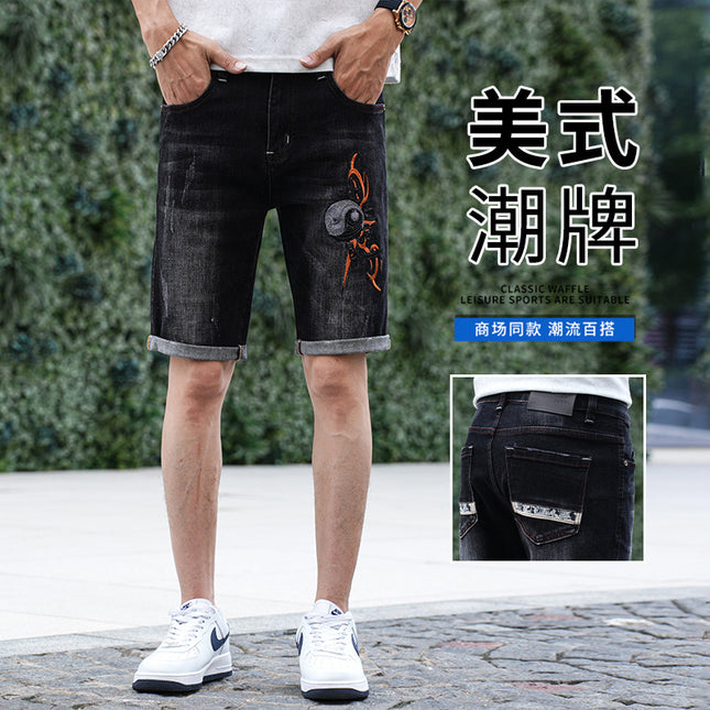 Cross-Border Popular Summer Men's Jeans Straight Fashion Street Fashion High-End Casual Elastic Five-Point Pants New Style