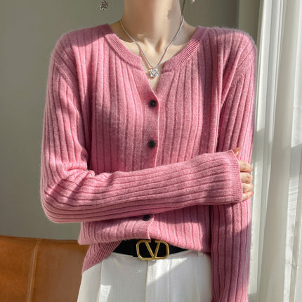 Korean-style Round V-neck Pit-strip Cardigan Women's Knitted Sweater Top Long-sleeved Solid Color Jacket Spring/Autumn/Winter Women's Knitted Jacket
