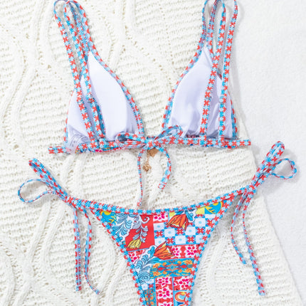 2024 New Bikini Cross-border European and American Foreign Trade Printed Triangle Cup Lace-up Sexy Bikini Swimsuit Swimwear Women