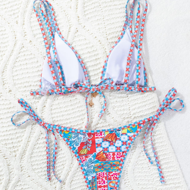2024 New Bikini Cross-border European and American Foreign Trade Printed Triangle Cup Lace-up Sexy Bikini Swimsuit Swimwear Women