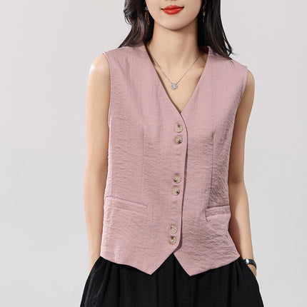 Linen V Neck Vest Cardigan for Women 2025 Summer New Pure Color Sleeveless with Pockets Layered Loose Waistcoat Top